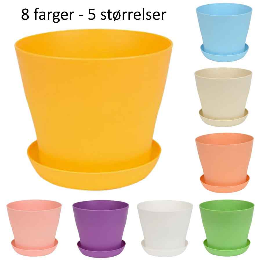 CANDY blomsterpotte med brett som viser alle de 8 fargene potten er tilgjengelig i; gul, grønn, rosa, blå, hvit, oransje, lilla og beige.