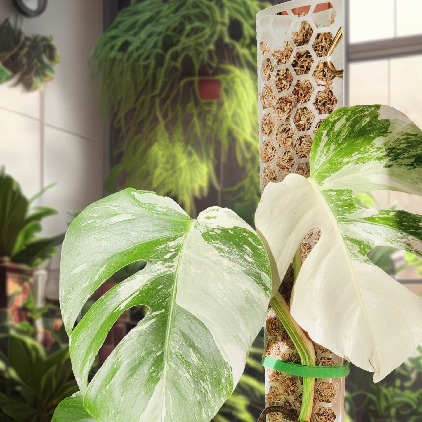 Stor mosestokk med monstera albo variegata og plantetape